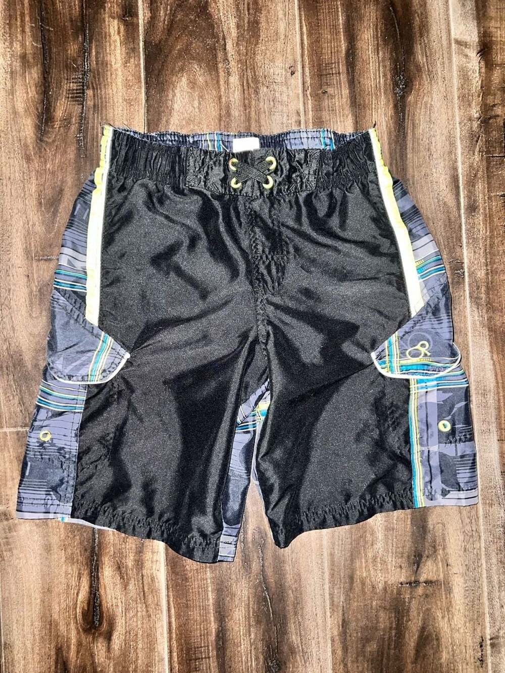 Op Swim Trunks Size 8 Black Multi Striped Board Shorts